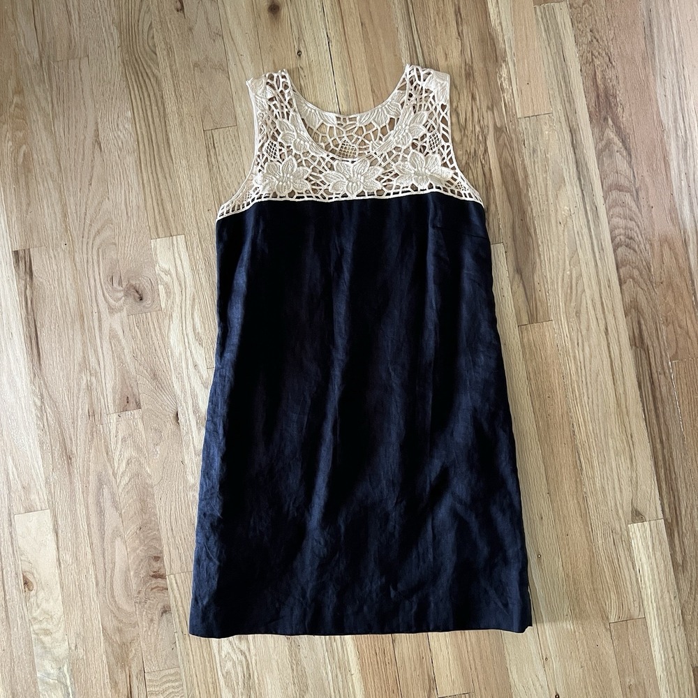 ANN TAYLOR LOFT Linen Black Dress Vacation Summer Size 12 Petite Embroidery Lace